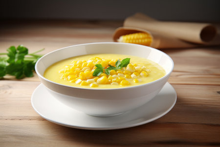 bowl of corn soup on wooden table, close up, shallow dofの素材