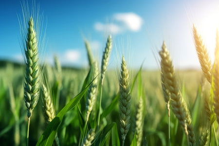 Green wheat field under blue sky with clouds. Beautiful nature scene.の素材