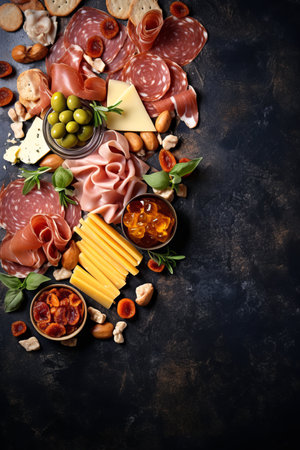 Antipasto background with ham, prosciutto, cheese and olives. Top view with copy spaceの素材