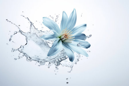 Water splash with blue flower on white background, closeup of photoの素材