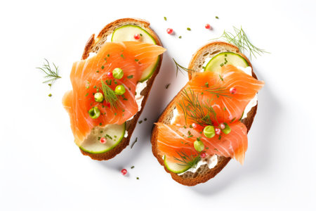 Sandwiches with smoked salmon, cucumber and dill on white backgroundの素材