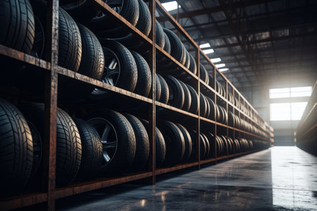 Car tires in warehouse. Auto service industry. Automotive industry.の素材