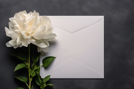 White peony flower and a white envelope on a black background.の素材