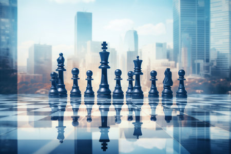 Chess pieces on the chessboard with cityscape background, business conceptの素材