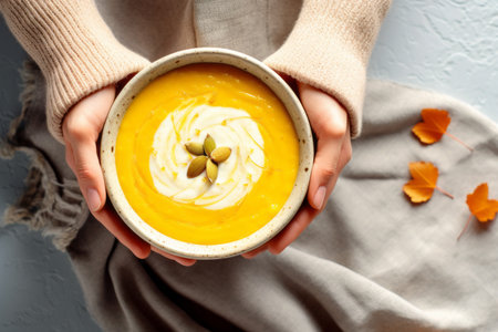 Female hands holding bowl of pumpkin soup with cream and pumpkin seeds on gray backgroundの素材
