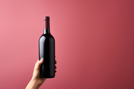 Female hand with bottle of red wine on color background, closeupの素材