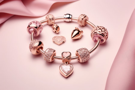 Bracelet with hearts on pink satin background, closeup, copy spaceの素材