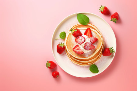 Plate with tasty pancakes and strawberries on color background, top viewの素材