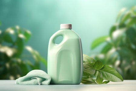 Plastic bottle with laundry detergent and towel on table against blurred backgroundの素材