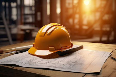 Safety helmet and blueprint on wooden table in construction site.の素材