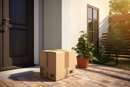 A cardboard box standing in front of a door.の素材