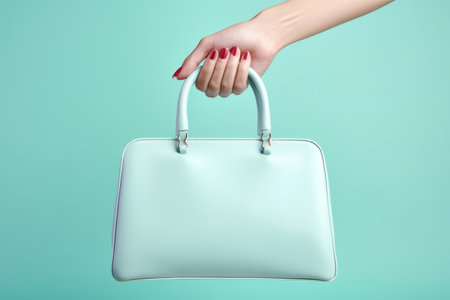 Female hand with red manicure holds a white handbag on a blue backgroundの素材