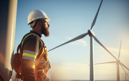 Portrait of a male engineer standing in front of a wind turbineの素材