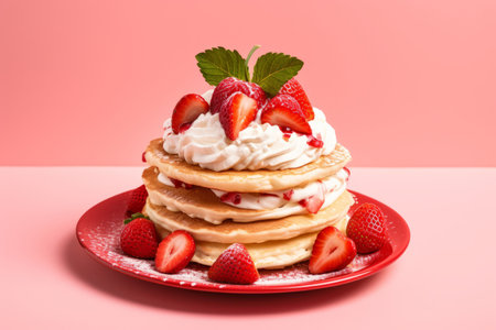Pancakes with strawberries and whipped cream on a pink background. Copy spaceの素材