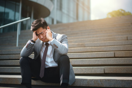 Stressed young businessman sitting on stairs in front of office building.の素材
