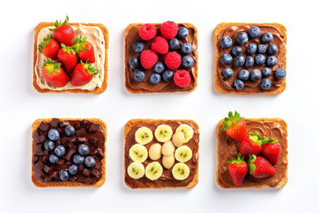 Delicious toasts with berries and chocolate on white background, top viewの素材