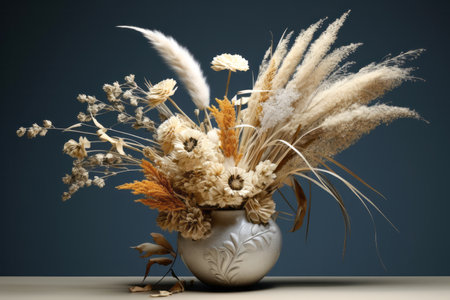 Bouquet of dried flowers in a vase on the tableの素材