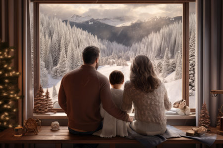 Happy family looking out the window in the mountains. Winter vacation conceptの素材