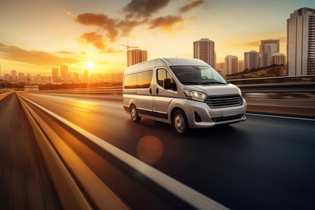 White van on the road with cityscape and sunset sky background.の素材