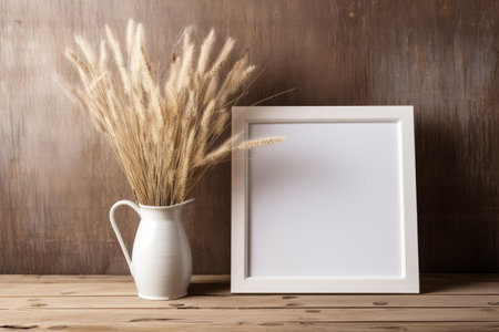 Still life with blank photo frame and ears of wheat on wooden background, copy space and textの素材