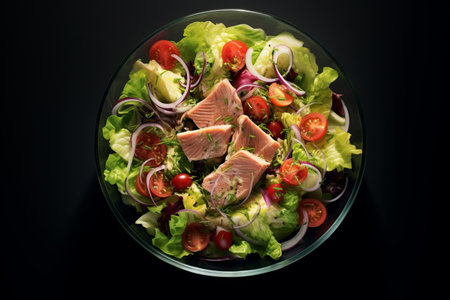 Fresh salad with smoked salmon on a black background. Toned.の素材