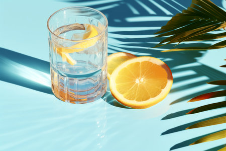 Glass of water with lemon slice and palm leaves shadow on blue backgroundの素材