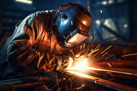 Welder at work in a factory. He is wearing protective clothing.の素材