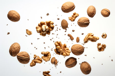Walnut kernels and whole walnuts on white background, top viewの素材