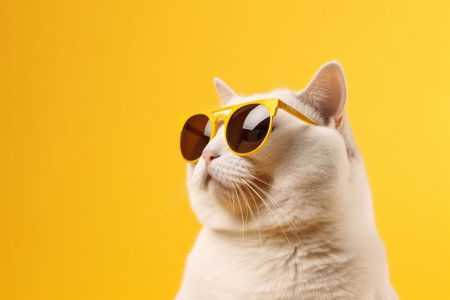 Portrait of a white cat with sunglasses on a yellow background.の素材