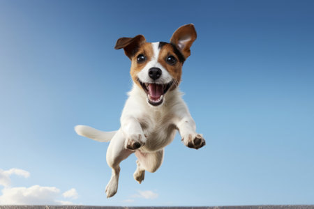 Jack Russell Terrier dog jumping in the air with blue sky backgroundの素材