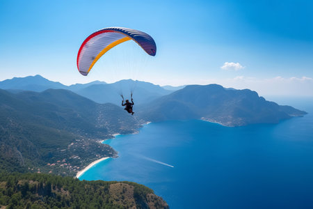 Paraglider flying in the blue sky over the sea and mountainsの素材