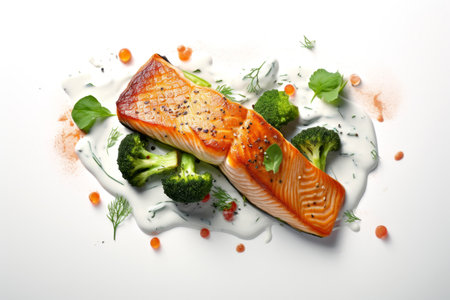 Grilled salmon fillet with vegetables on white background, closeupの素材