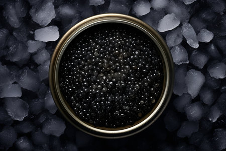 Black caviar in a metal can on a dark background. Top view.の素材