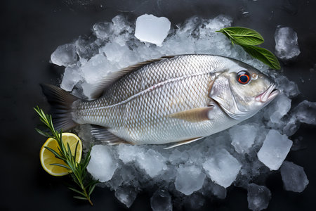Fresh fish on ice with lemon and rosemary on black background, top viewの素材