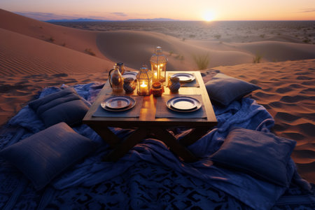 Table setting in the Sahara desert at sunset, Morocco, Africa.の素材