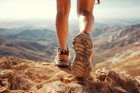 Close up of female legs in running shoes. Female fitness model walking on mountain top.の素材
