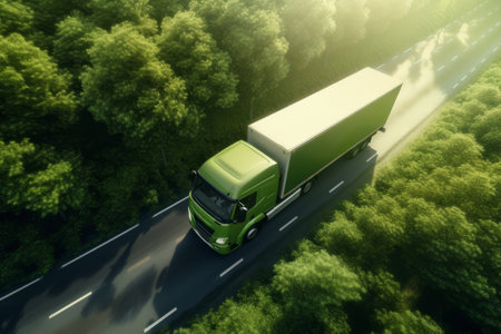 Green truck on the road with forest in the background.の素材