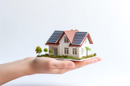 House with solar panels on the palm of your hand on white backgroundの素材
