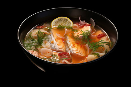 Fish soup in black bowl isolated on black background. Top view.の素材
