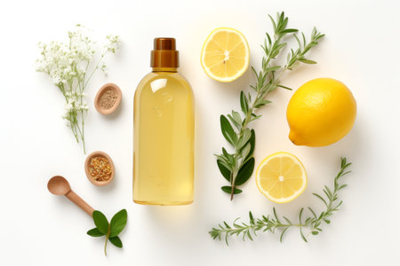 Essential oil in bottle with herbs and lemons on white backgroundの素材