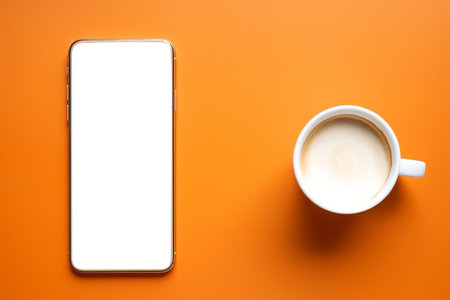 Smartphone with blank screen and cup of coffee on orange background. Copy spaceの素材