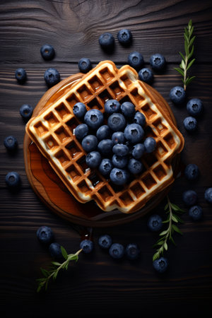 Belgian waffles with fresh blueberries on wooden background, top viewの素材