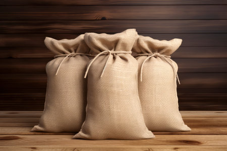 Three burlap sacks on a wooden background. Rustic style.の素材