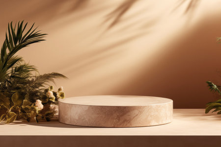 Wooden podium on beige background with palm leaves shadows. Product placeの素材