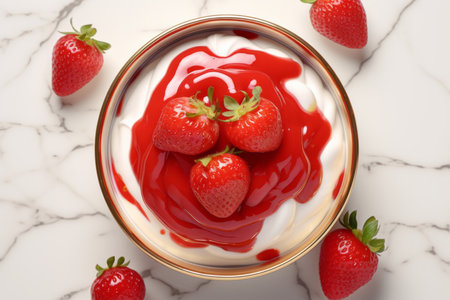 Delicious strawberry dessert in bowl on white marble table, top viewの素材