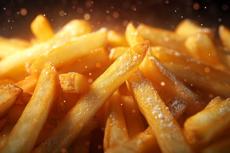 Golden French fries potatoes, close-up, shallow depth of fieldの素材