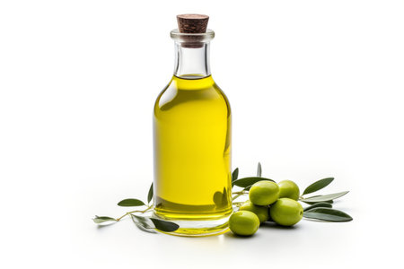 Olive oil in a glass bottle with olives on a white backgroundの素材
