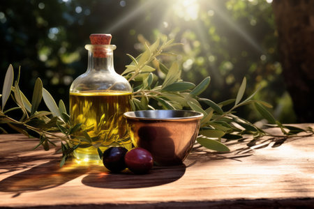Olive oil and olives on a wooden table in sunlight.の素材