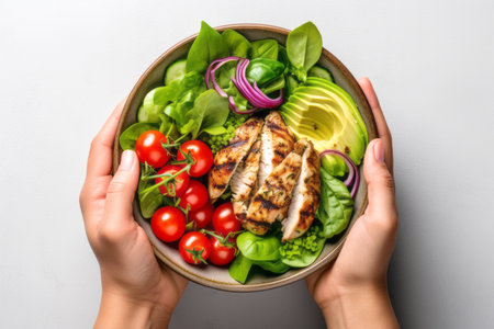 Female hands holding bowl with grilled chicken fillet and vegetables on white backgroundの素材