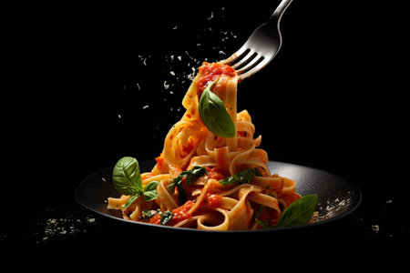 Tasty appetizing classic Italian pasta with a delicious sauce and basil on a black background.の素材